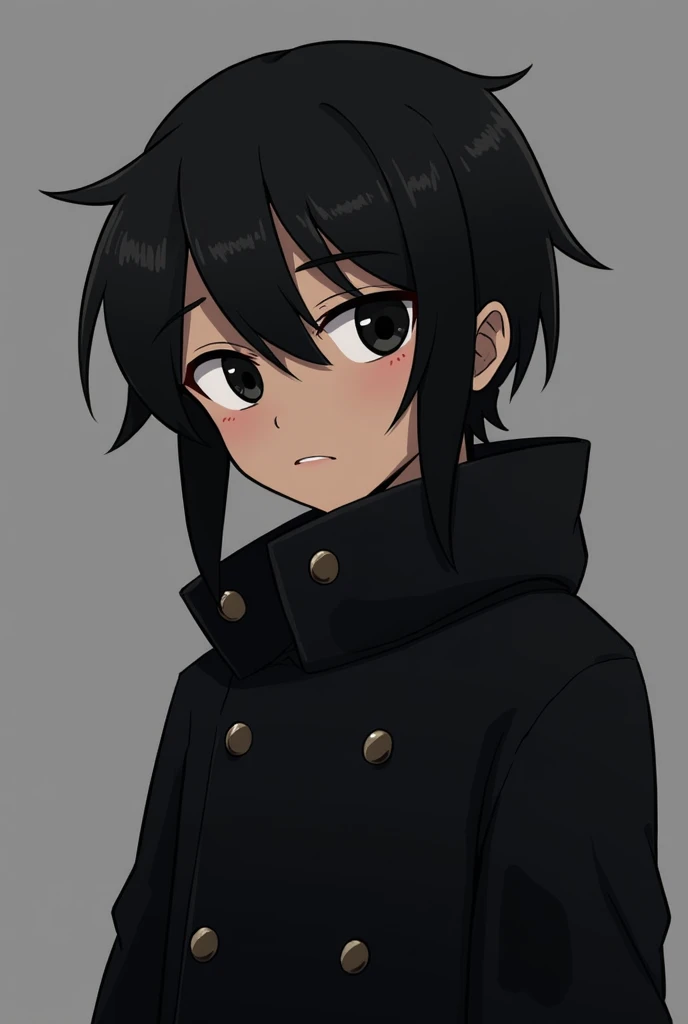 Character with anime traits in the style "Menhwa Weebtoon", Sleepy expression , normal eyes with black iris ,  medium black hair ,   dark-skinned,  body and face of  olds, Black coat clothes, darker style 