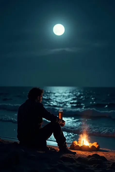 A man sitting on the edge of the beach drinking a beer in the middle of a dark night with the moon in the background reflecting on the seawater and a campfire accompanying the man 