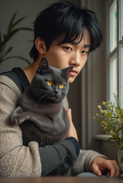 A picture of a black cat being pet by their maleteenager asian owner. Make it realistic but show only the cat and the hand. Like this cozy but realistic 