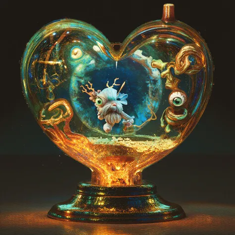 Decorated heart shaped glass vessel with cute little monster large eyes inside on chrome pedestal enhance with golden accents. Truly fantastical location, Magical, enchanted, fantasy. Hyperrealistic, splash art, concept art, mid shot, intricately detailed,...