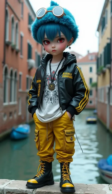 inísī hé biān
BJD style, Gothic style,  boy, cold expression, blue hair, red eyes, black cross earrings, blue fur hat, goggles on the hat, white top with street graffiti pattern, long long-sleeved top, the length of the top covers the waistband, yellow-gre...