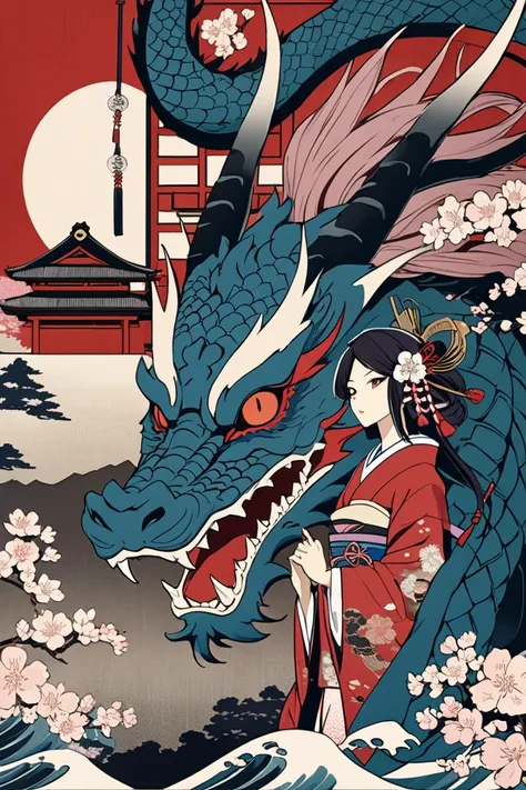 ukiyo-e,  Super Complex High Details ,   beautiful traditional Japanese culture,  dragon、goddess、Mysterious、 look, A splendid flower in front of the king of rituals 、Shrine maiden、cherry blossoms
