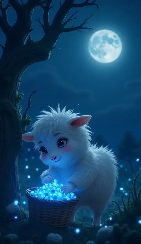 As the sky turns dark, Lulu, her white wool glowing softly in the moonlight, discovers a hidden bush covered in glowing blue berries. She leans in, her long eyelashes fluttering, just as a sleepy little owl peeks out. Lulu giggles, tilting her head curious...