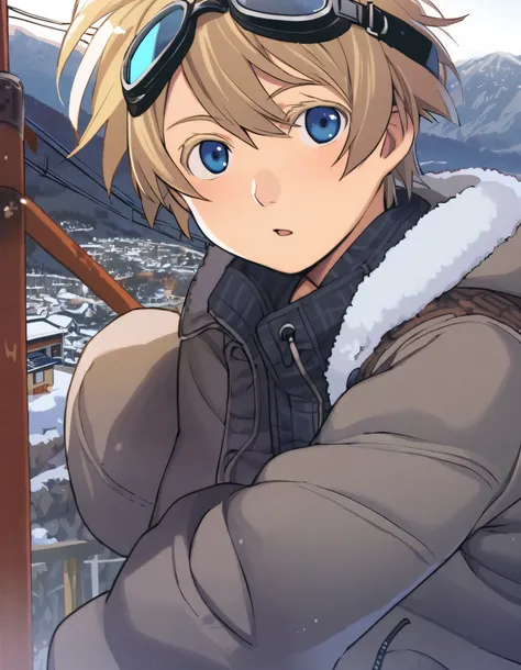 1boy, shota, short messy boyish hair, blonde hair, colored eyelashes, blonde eyelashes, blue eyes, goggles on head, winter clothes, solo focus, coat, mountain, jacket, power lines