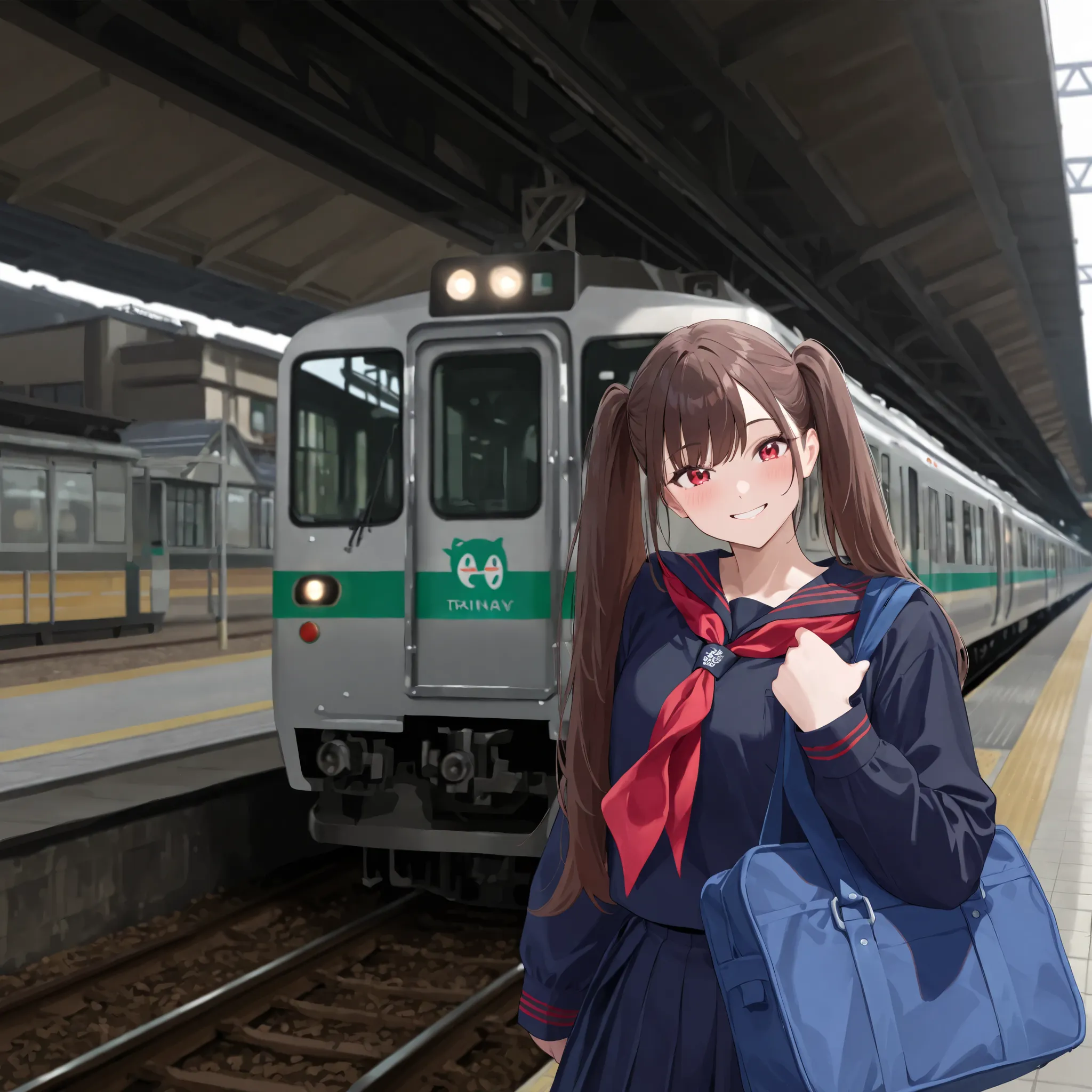 Masterpiece, hd, best quality, 1girl, brown hair, long hair, red eyes, smile, happy, twintail, wearing school uniform, black uniform, red neckerchief, holding school bags, trains, railway station, standing, outdoor 