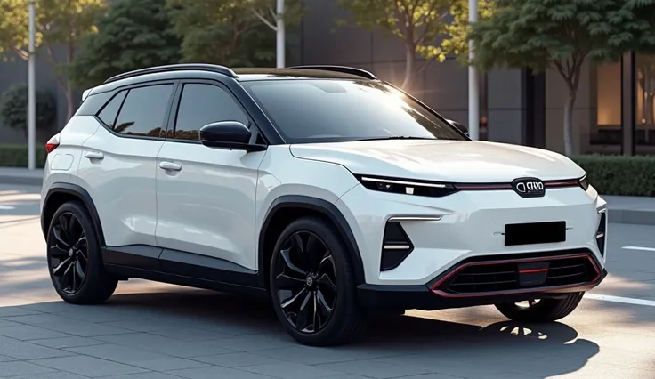 viualize the front side view of the 2025 Lada NIVA in white shinning colour with a sleek modern luxurious look, its stunning ,modern ,futuristic and sporty exterior design illuminated with luxury nature backgroud and captivating presence and make the car f...