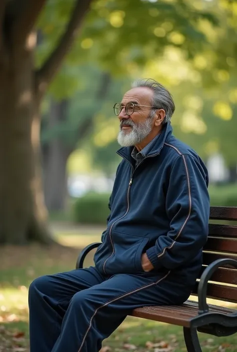  grandpa 60 year old , mix Turkish and Mexican handsome masculine sense, thin grey hair,  thin moustache, glasses, similar mix to Jerzy Engel and Fernando soto, wearing tracksuits, sitting astride open wide his legs on the bench crossed hand, showing his b...