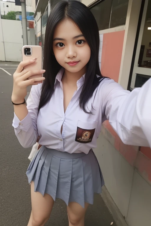 Best Quality, high resolution, Photo Shot, girl 18 year old, cute, long hair, black hair, perfect breasts, clear bold cleavage, Sexy , (indonesian highschool uniform), detali logo OSIS highschool indonesian on pocket shirt, wearing white shirt long sleeve ...