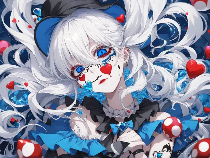  A woman with long white hair that flows in half and dark blue toons, Odeai ,  Navy Eyes Blue ,  blue eyes, Gem Hunting Grounds ,  black long clown clothes , Funny ,  Whirlpool , dead eyes ,I have a small spade heart diamond tattoo under my eye