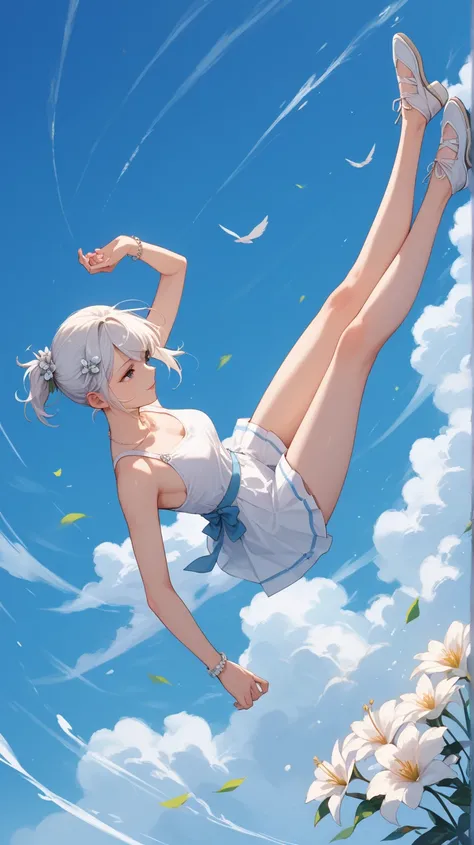 Falling a girl from the air white hair, flower pin, short ponytail hair,