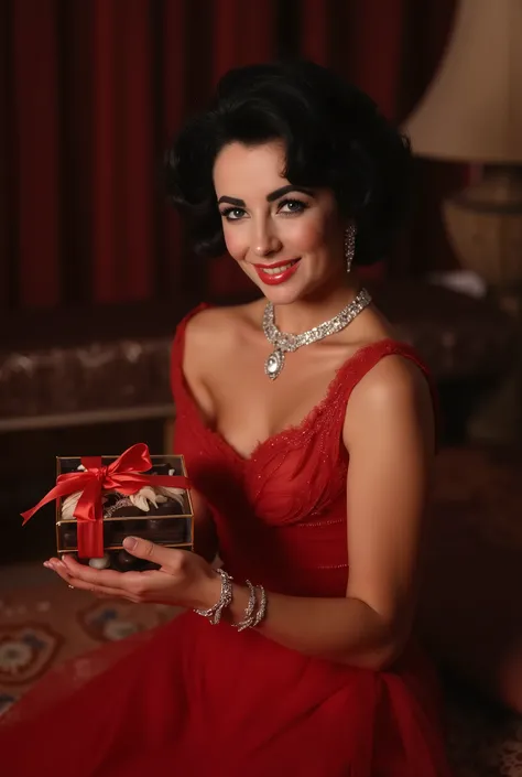  On Valentine's Day, she make  handmade chocolates, a box wrap them with a ribbon, and present for lover, a Valentine's day chocolates box hold out with both hands, Portrait, Side view, looking at viewer, Elizabeth Taylor , 20-age,  (black old classic hair...