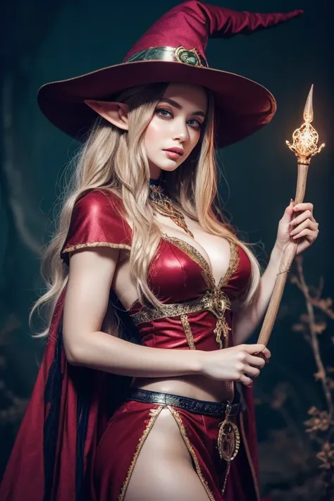 Fantasy Elves,A very beautiful elf witch,holding a magic wand with both hands