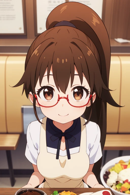  excellent work ,  best quality,girl,  red and black glasses  ,Petite , Big Bust ,  upper body , looking up viewer,restaurant,Popura Taneshima ,  long hair,  brunette,  brown eyes, , a ponytail hairstyle , Ahogge,  yellow apron, smileMenu table holding , s...