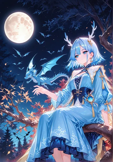 1girl, long blue hair, dragon antlers,antlers, sitting, on tree branch, blue dress, full moon, bat, serene atmosphere, other realm, Digital adventure, calm expression, golden accents, manga styles:0.55, [fuzicoco:0.25,ATDAN:0.33,Hitenkei:0.44,mikapikazo:0....