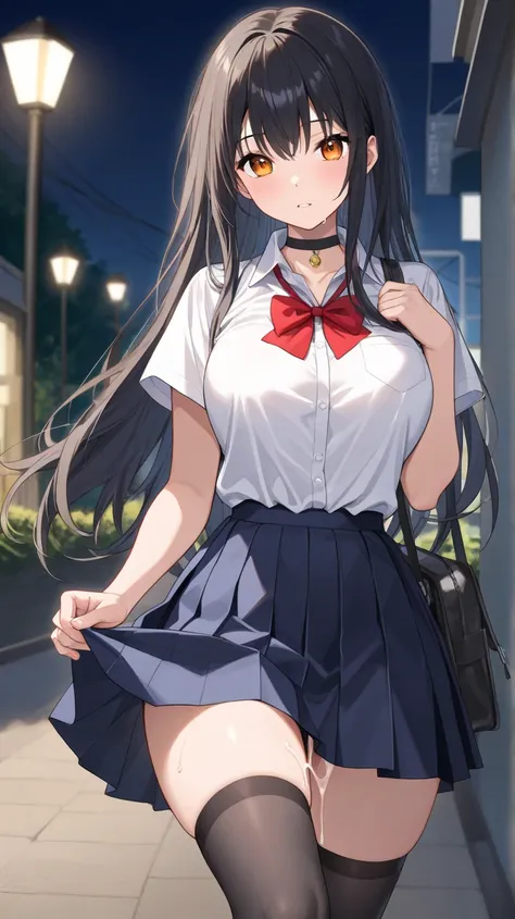 ( Masterpiece,  top quality:1.2)、Alone、garden、outside、night、 Under the Street Light、 white shirt、 Navy Blue Pleated Skirt、 black knee-high socks 、Amber Eyes、 long hair、 glossy black hair 、 strange expression、Pay attention to the thighs、I have semen drippin...