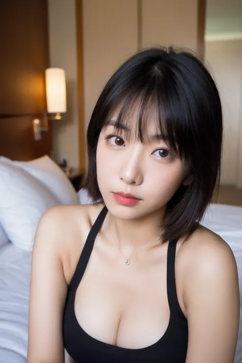 （ realistic，   Hi-Res ：1.3），  hotel room， Japanese Gal ，Silver Berry Short Bob， dark makeup， red lipstick， tanned skin， Girl with perfect body ，  Ultra fine face and eyes  ，  random color tank top：1.2，  SHORT JEANS ，  reveal cleavage