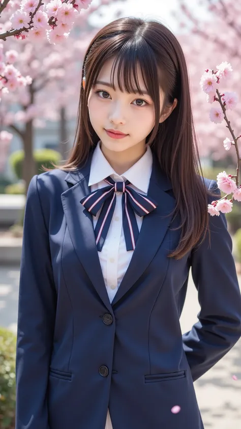 nsfw,  Korean Idols, Nogizaka idol,actress, gravure idol,  Graduation Ceremony、 high school girl、uniform 、  Navy Blue Blazer 、 cherry blossoms in full bloom、Cherry Blossom Confetti 、 Expiration Ratio、 cute、(( 18 year old woman:1.2))、Young cute Japanese fac...