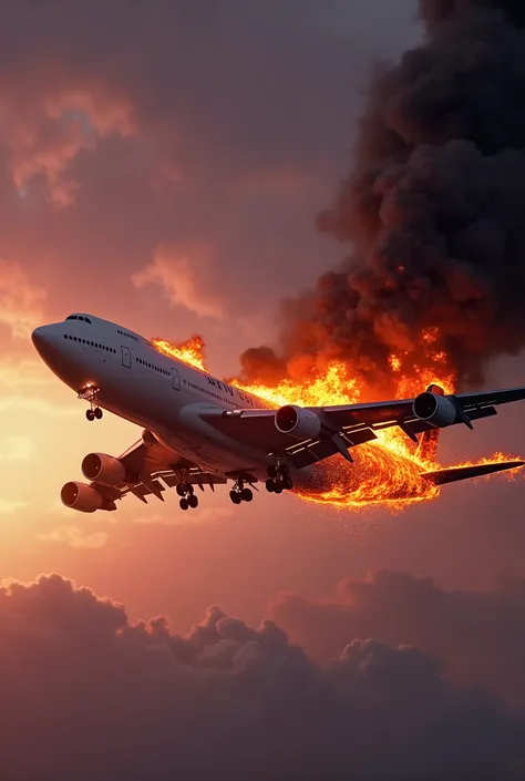 A burning Boeing 747 in mid-air at sunset, engine and wing engulfed in violent orange flames, thick black smoke, twilight sky with purple clouds, hyper-detailed, cinematic lighting, dramatic angle.