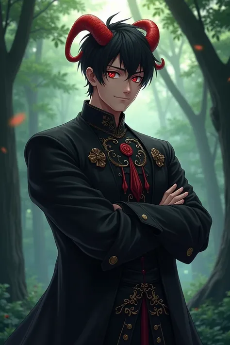 a 25-year-old man with black skin and short black hair ,  he has two small horns curled backwards in a dark red hue, he has a kind smile, and your eyes are red. Your body is strong, He wears a medieval black outfit with folded sleeves ,  he's in a forest, ...