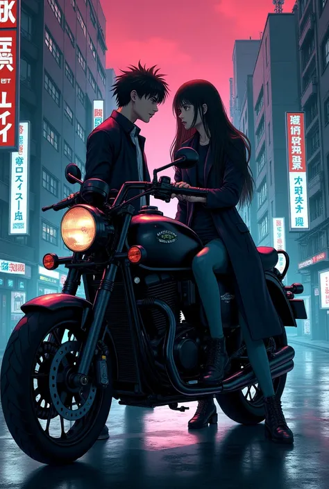 A couple of men and women riding a stopped motorcycle ,  they are both facing each other wearing a long black jacket and it must be an anime manga version Tokyo Revengers anime 
Portrait style