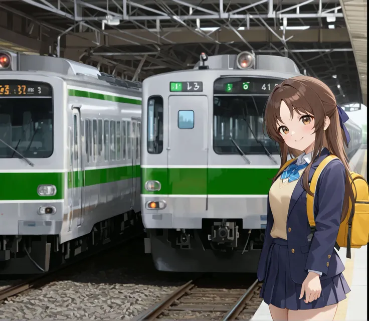 Masterpiece, hd, best quality, 1girl, brown hair, long hair, brown eyes, smile, happy, hair ribbon, wearing school uniform, blue blazer, miniskirt, sweater vest, white collared shirt, opened jacket, blue biwtie, wearing backpack, trains, railway station, s...