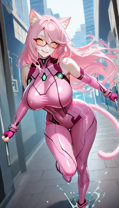 Woman wearing hot water dripping tentacles、evil smile、Lustrous tentacles、Carrying tentacle eggs、Cel Shade Adult Animation、Metroid Suit、long  hairFurry White cat girl, curvy, red glasses, pink long hair, cat tail, yellow eyes, pink latex suit, sleeveless, p...