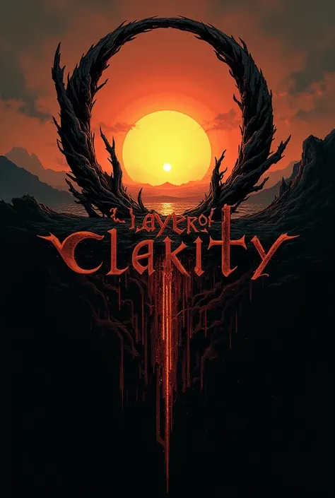 make a logo for a death metal band called layers of clarity , , the letter o should be big and depict the sun rising from behind the garizon