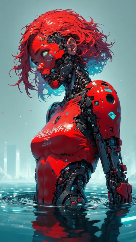  A robotic girl with red curly hair and red skin， hair glow and mechanical joints ， leaning back in the water ， with barcode and robot features ， Normal chest and unique colored skin ， turns around watching the audience ，Showing a sense of the future 。