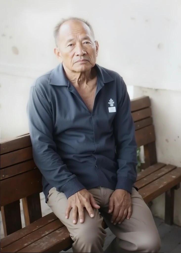 A photo of a South East Asian man with receding hairline. He is 60 years old and wearing blue shirt. He is wearing blue shirt and khaki pants while sitting on a wooden bench. 