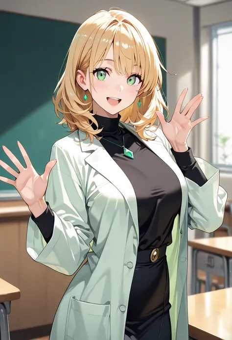 1girl,solo, medium hair, Honey blonde hair, light green eyes, (green lab coat:1.3), \\BREAK shiny skin, smile, looking at viewer, blurry background, open mouth, smile,25 years old good anatomy, perfect anatomy, perfect fingers, perfect hands, (masterpiece:...