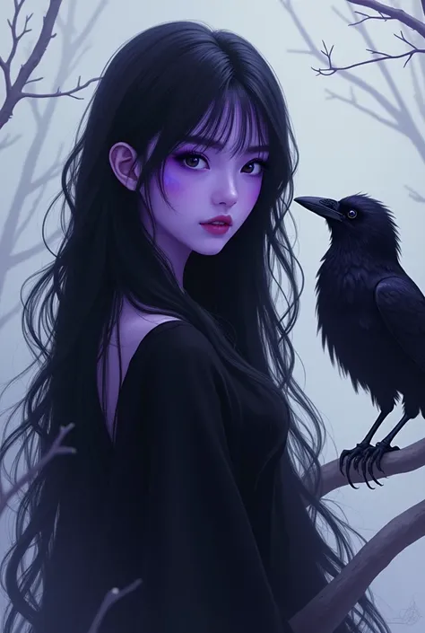 I would like a small photo to put as a profile picture, A girl with a purple skin color, half-wavy black hair and dark clothes, next to a crow