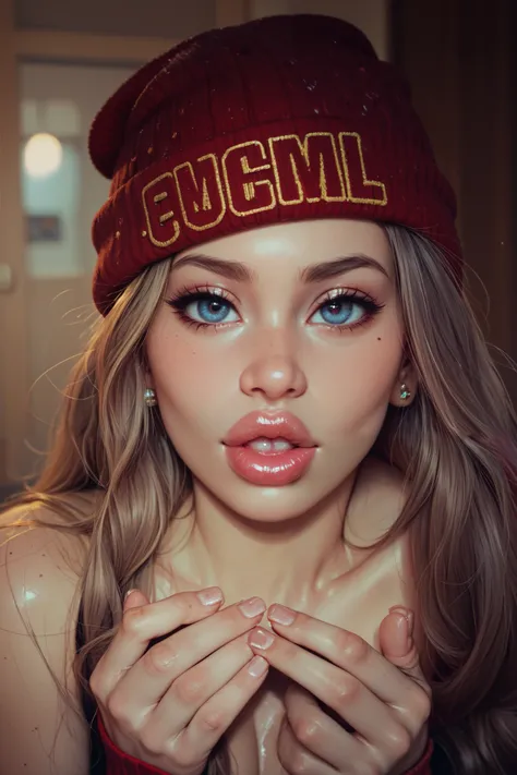 a girl with big lips and big eyes in a red beanie
