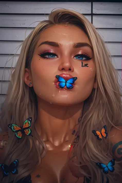 a girl with big eyes and big lips and butterfly on her lips and tattoos on her face An avant-garde 'Badstyle' portrait of a girl with exaggerated big lips and eyes, and face tattoos reading 'angel' and 'demon'. The style is deliberately chaotic and distort...