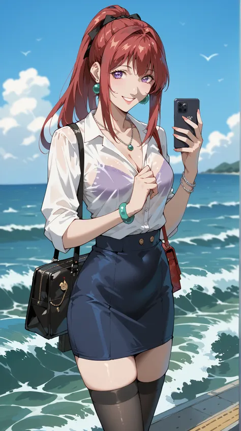 Takashiro Hiroko, 1 female,  middle-aged woman, Red ponytail hanging sideways , purple eyes,   BEAUTIFUL EARRINGS AND NECKLACES , bracelet,  see-through white shirt ,Mini bag ,cell phone, skinny skirt, stockings,Happy state , bright smile,ocean, blue waves...