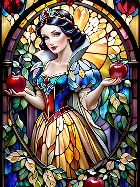 “A stunning stained-glass artwork featuring a mesmerizing princess inspired by Snow White, depicted in a breathtaking Art Nouveau and Gothic style. The princess stands gracefully at the center, gazing forward with deep, expressive eyes that radiate kindnes...