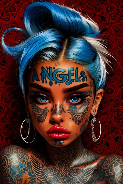 An artistic depiction of a girl with big lips and big eyes, bigger eyes, bigger lips, plump lips, long eyelashes, adorned with face tattoos, (urban face tattoos) ((facial tattoo of the word "angel")) The style is a blend of surrealism and pop art, with DAR...