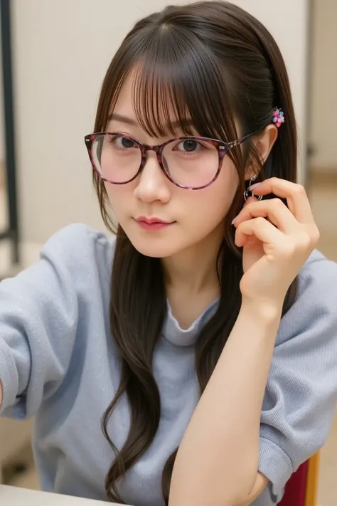 {
  "prompt": "A close-up of a cute female office worker with glasses, focused on her work. She has short hair and a pleasant expression, wearing a smart office outfit like a blouse. The background is softly blurred, highlighting her face as she concentrat...