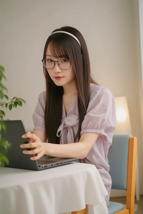 {
  "prompt": "A close-up of a cute female office worker with glasses, focused on her work. She has short hair and a pleasant expression, wearing a smart office outfit like a blouse. The background is softly blurred, highlighting her face as she concentrat...