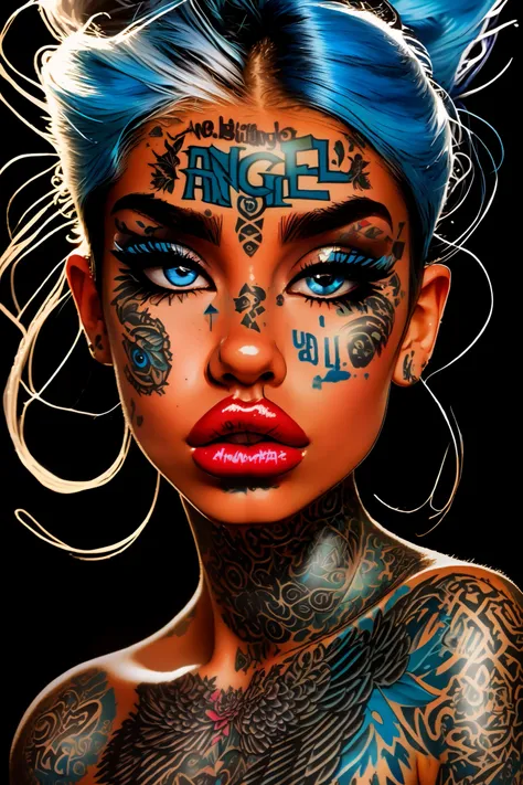 An artistic depiction of a girl with big lips and big eyes, bigger eyes, bigger lips, plump lips, long eyelashes, adorned with face tattoos, (urban face tattoos) ((facial tattoo of the word "angel")) The style is a blend of surrealism and pop art, with DAR...