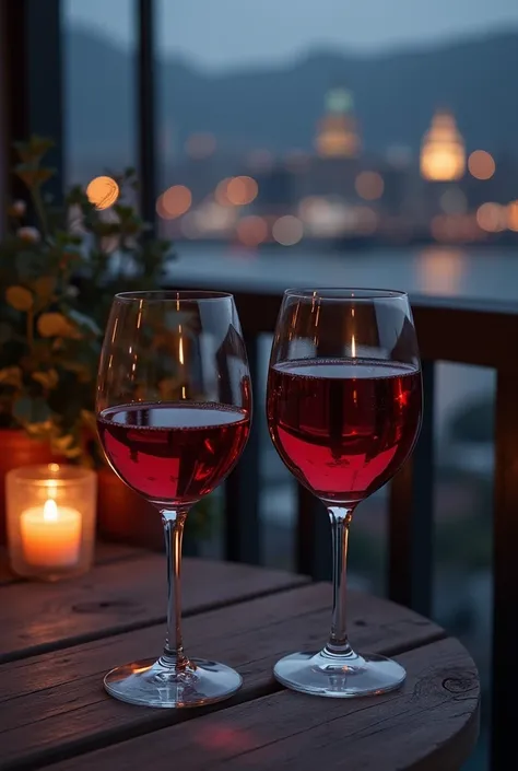 Real photo of 2 glasses of wine on the balcony at night