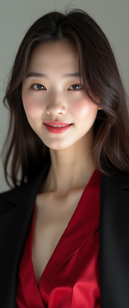 Photo debut concept, An honorable woman . . Her name is Yoo Yeonwoo, Ranked 6th. fair skin, smiling eyes full of spring, sweet smile , Pointed nose. Long straight hair. her image is innocent . her costume is black red. Korean beauty standards ., UHD, best ...