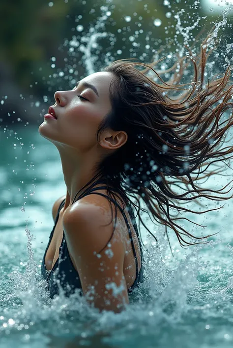 Image of one raising her head quickly and her hair is thrown back and it's wet raising water everywhere