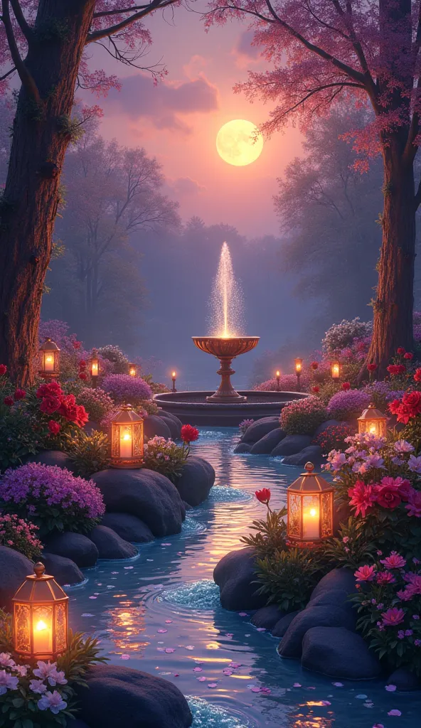 Create four distinct scenes that evoke the feeling of boosting romantic luck, each with a unique look and atmosphere: (1) A serene evening under a lavender sky with a golden full moon, surrounded by glowing lanterns and soft pastel-colored flowers. (2) A v...