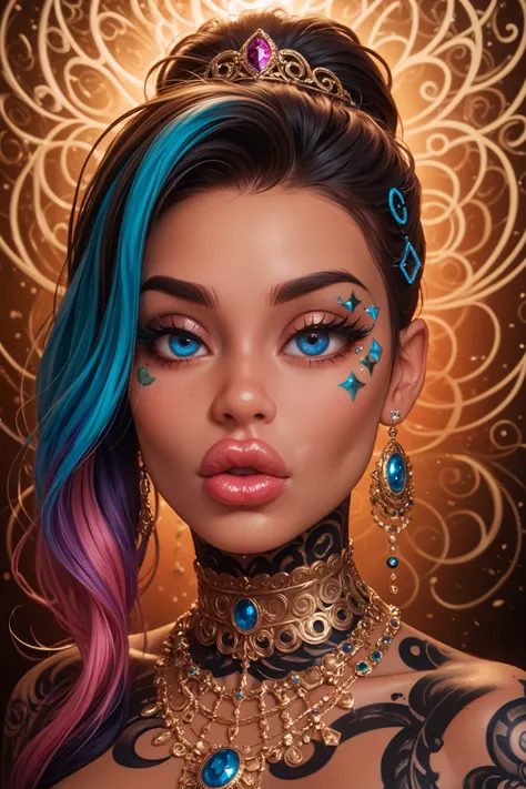 An artistic depiction of a girl with big lips and big eyes, bigger eyes, bigger lips, plump lips, long eyelashes, wearing expensive jewelery. The style is a blend of surrealism and pop art, with DARK colors and VERY exaggerated features. Her expression is...