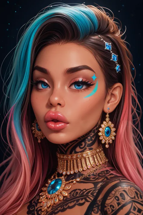 An artistic depiction of a girl with big lips and big eyes, bigger eyes, bigger lips, plump lips, long eyelashes, wearing expensive jewelery.  The style is a blend of surrealism and pop art, with DARK colors and VERY exaggerated features. Her expression is...