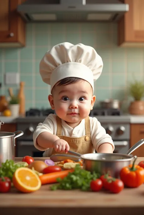 Baby cooking foods in the kitchen 