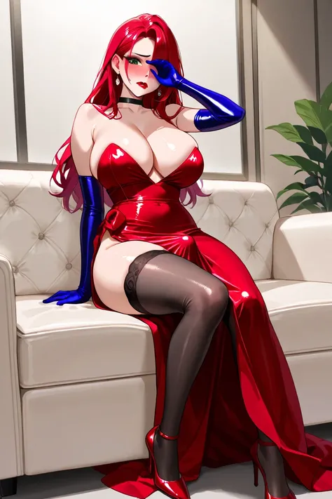  red hair、 GREEN EYES、 1 girl、 embarrassed face、 long hair、 hair covering one eye、 Makeup 、 purple eyeshadow、 red lips、lipstick、 jewelry、 earrings、black choker on the neck、Big Breasts、 shoulder out、 cocktail dress、 red dress、 strapless dress、 side slits、 l...