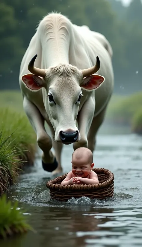 Prompt:

A hyper-realistic, ultra-detailed image of a majestic white cow leaping into a flowing river from the grassy riverbank. The cow’s muscles are tense, its expression determined as it jumps towards a small woven basket floating downstream. Inside the...