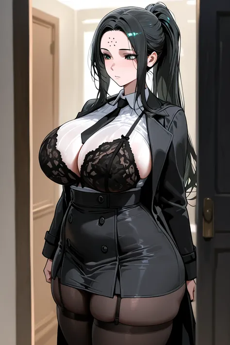 a tall Japanese Futanari woman, long black hair, ponytail hairstyle, bangs on her forehead, black eyes, large breasts, thick thighs, wearing a black overcoat, black tie, short skirt and dark tights together a tall red-haired woman, long hair, green eyes, l...