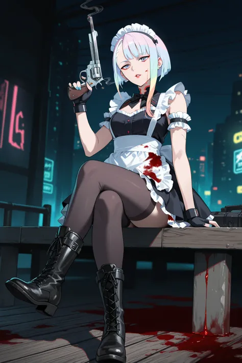 1girl,lucy \(cyberpunk\),cyberpunk \(series\),cyberpunk edgerunners,blood,crossed legs,gun,holding,holding gun,holding weapon,revolver,smoking,solo,torn clothes,weapon,alternate costume,apron,arm garter,asymmetrical sidelocks,black bow,black bowtie,black f...